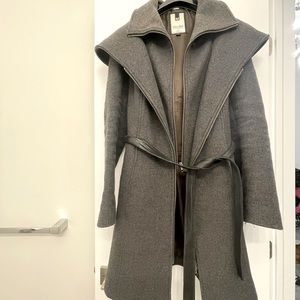 Soia and Kyo grey wool jacket with hood and leather tie belt and inside bib.